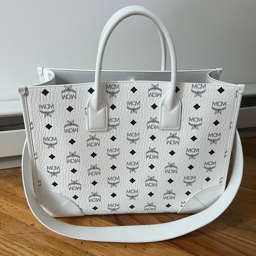 MCM Munchen Large Tote Bag White Visetos